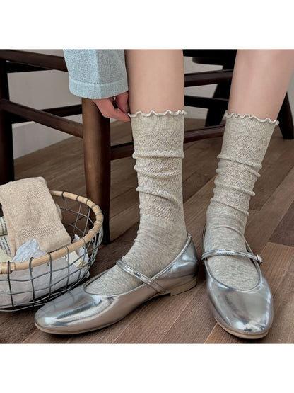 Rufia - Solid Color Ruffle Cuff Openwork Crew Socks