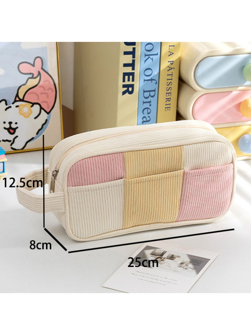 Cosbai - Color Block Corduroy Makeup Bag