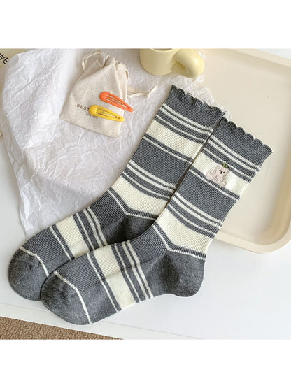 Rufia Soft Stripe Bear Crew Socks displayed with packaging and branding