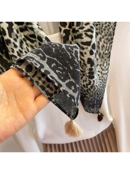 Scarvii - Leopard Print Tassel Trim Square Scarf