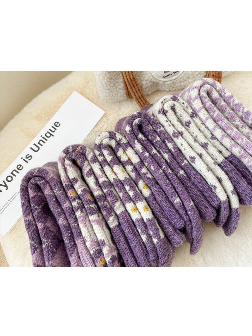 Rufia lavender crew socks assorted patterns stack