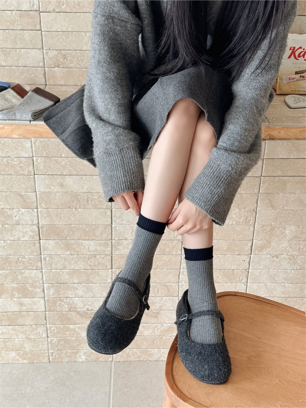 Rufia - Cozy Contrast Edge Ribbed Crew Socks