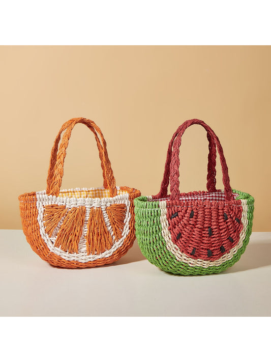 Cosbai Fruit Slice Straw Tote Bag with colorful fruit slice design on natural straw background