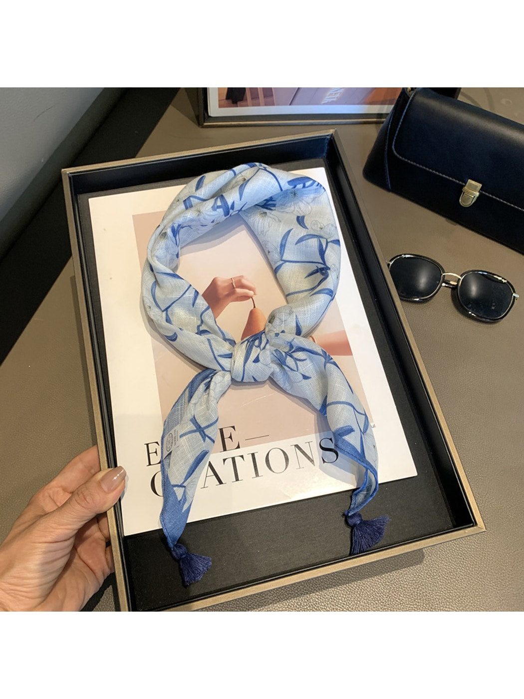 Scarvii - Soft Blue White Ink Floral Print Square Scarf