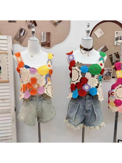 Crosa - Multicolor Crochet Flower Top Sweater