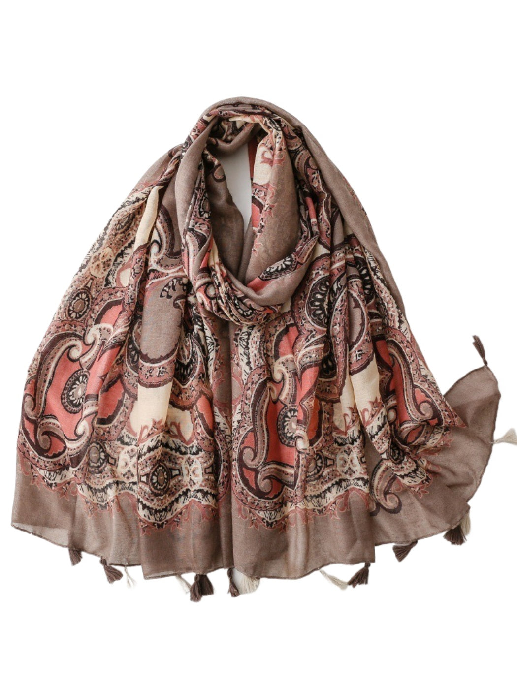 Close-up of Scarvii scarf fabric highlighting detailed paisley design and soft texture