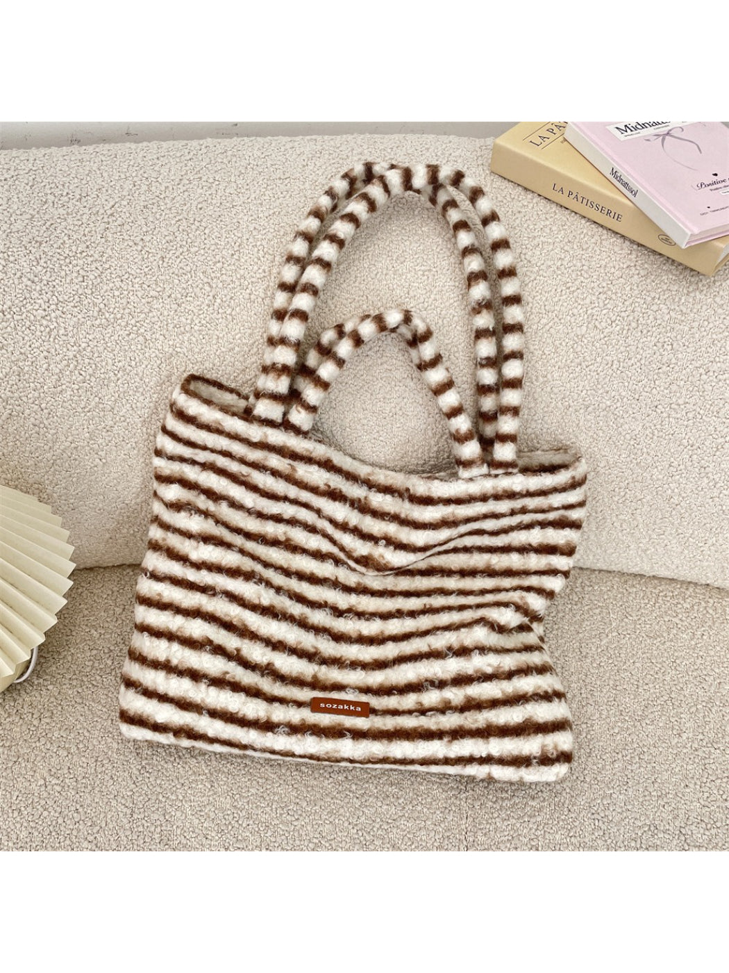 Cosbai - Soft Striped Fuzzy Shoulder Tote Bag