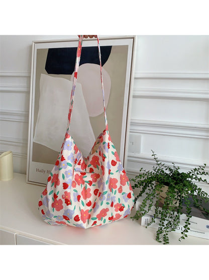 Cosbai - Painterly Floral Pattern Soft Shoulder Tote Bag