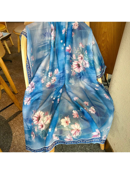 Scarvii - Dreamy Blue Floral Print Fashion Square Scarf