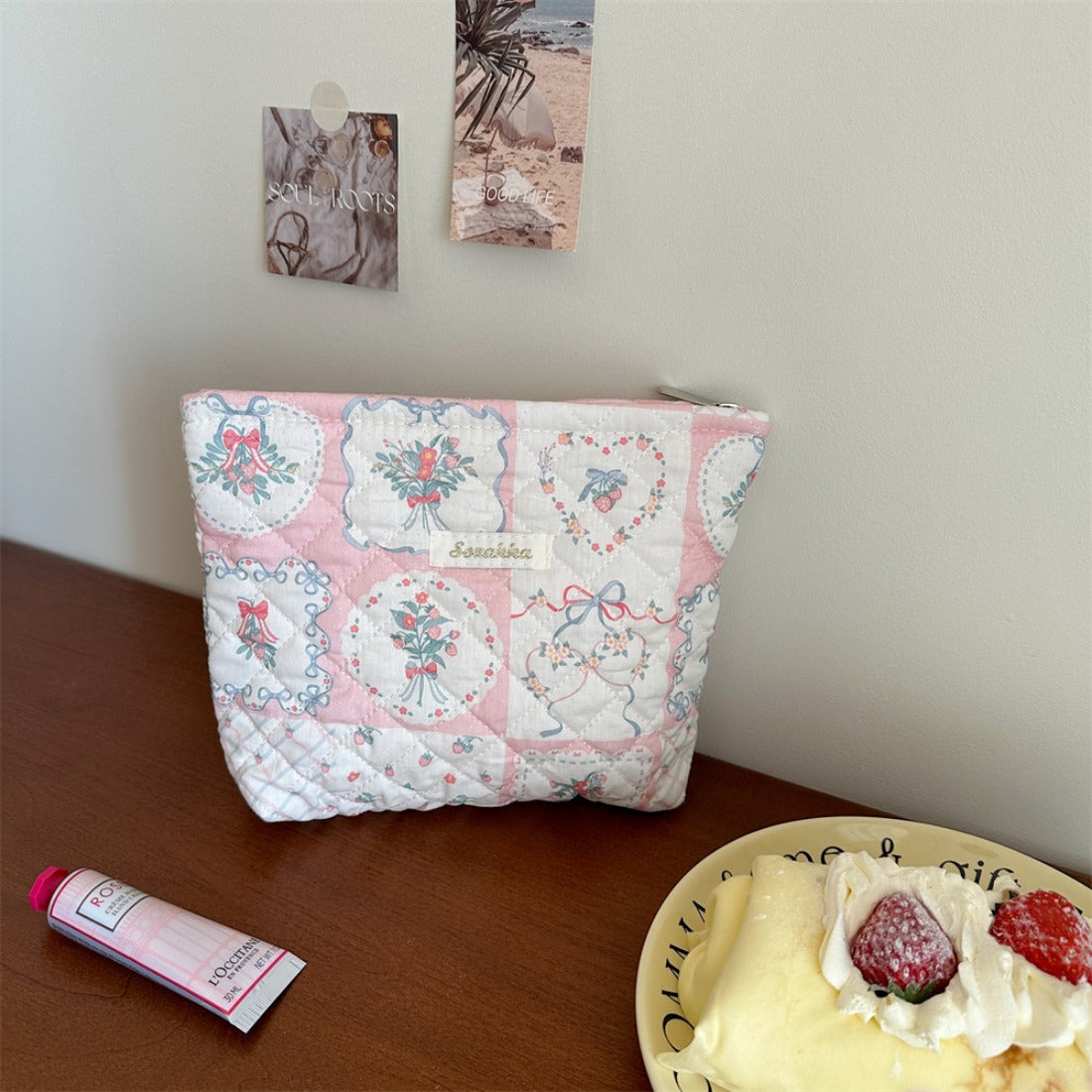 Cosbai - Quilted Pink Makeup Bag