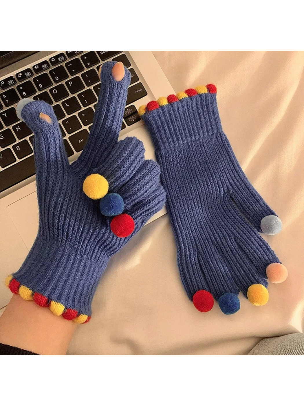 Gloving - Multicolor Pom-Pom Ribbed Gloves