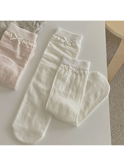 Rufia - Solid Color Openwork Bow Accent Crew Socks