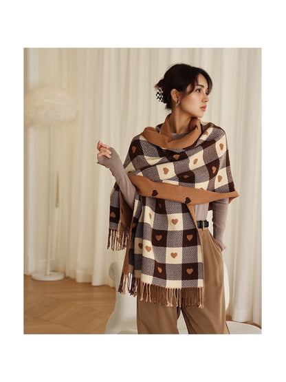 Scarvii - Heart Print Plaid Winter Scarf