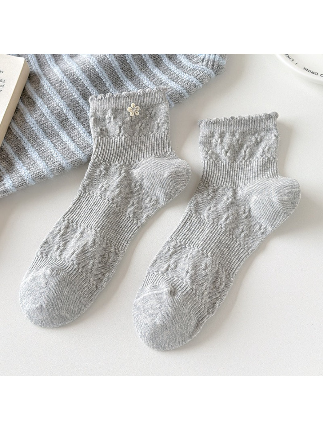 Detail of soft knit texture on Rufia Sweet Floral Crew Socks