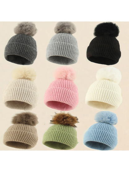Haila - Brimless Ribbed Pom Pom Winter Knit Beanie