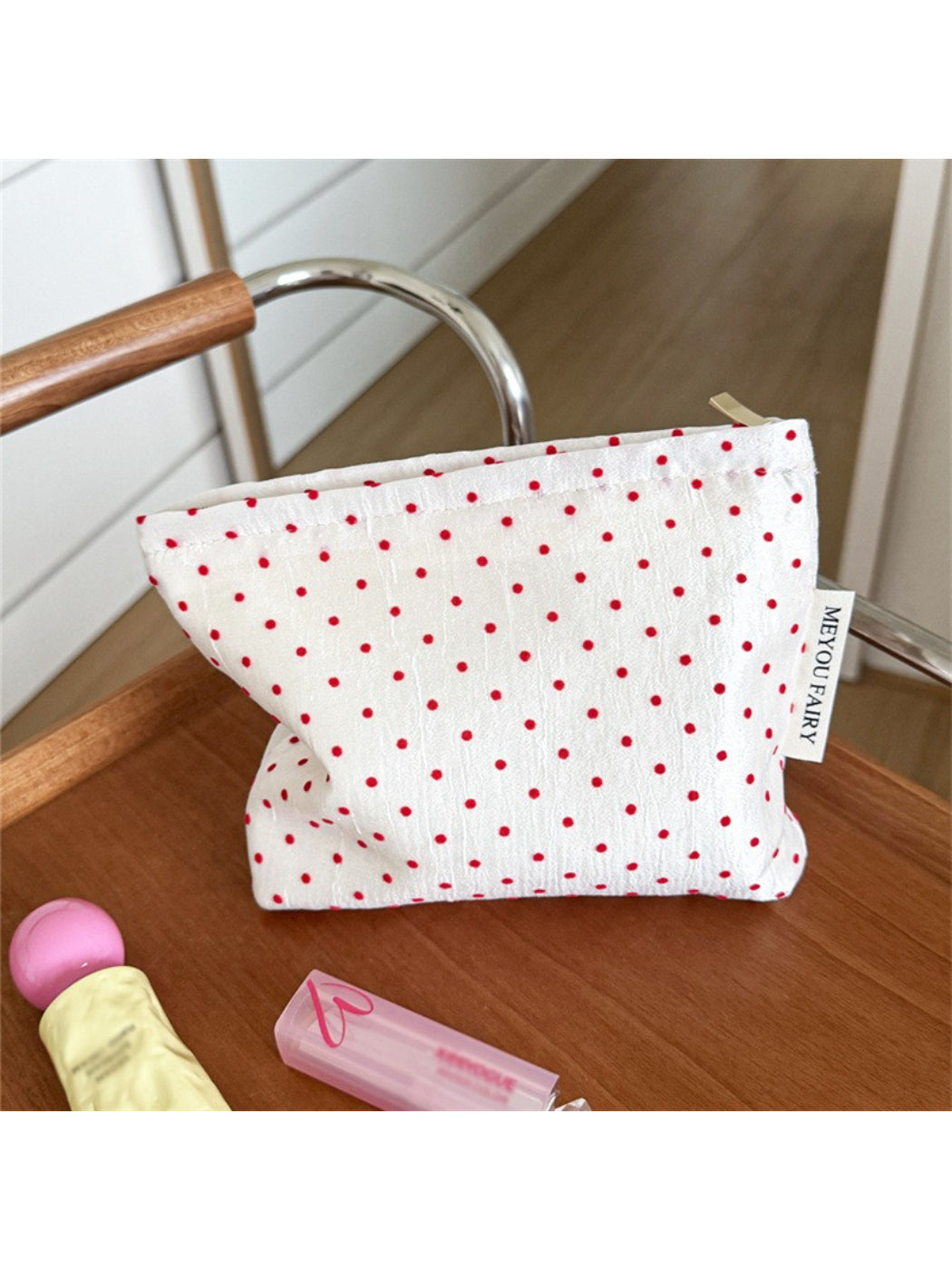 Cosbai Red Dot Cosmetic Bag top view highlighting zipper and red dot pattern