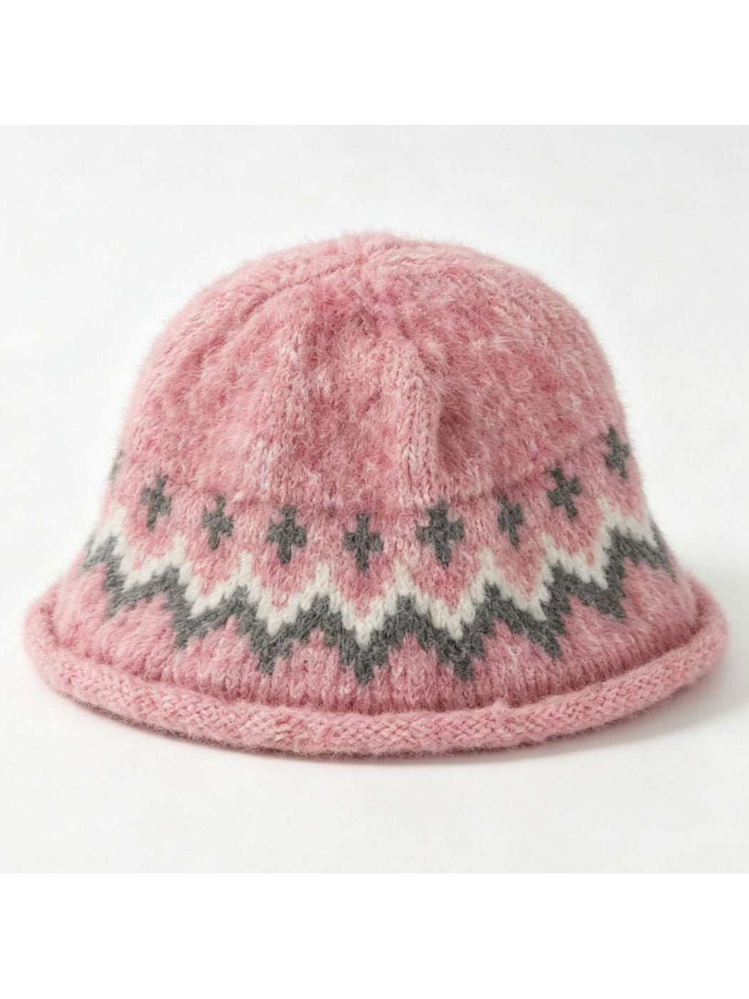 Haila - Geometric Knit Bucket Hat with Rolled Brim
