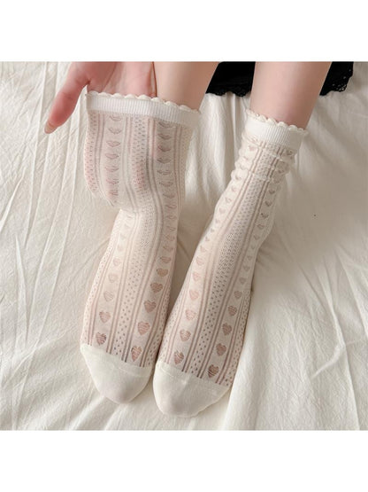 Rufia - White Embossing Scalloped Edge Crew Socks