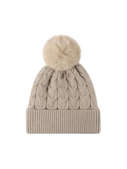Haila - Plush Lined Cable Knit Pom Beanie