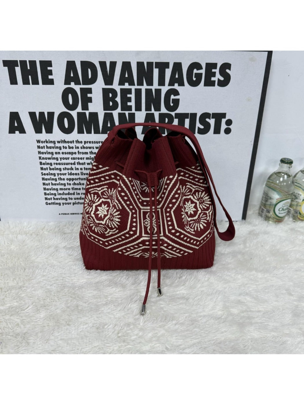 Cosbai - Knitted Shoulder Bag with Retro Style Featuring Drawstrings