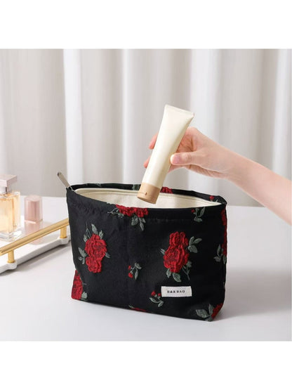 Cosbai - Rose Print Handheld Floral Makeup Bag