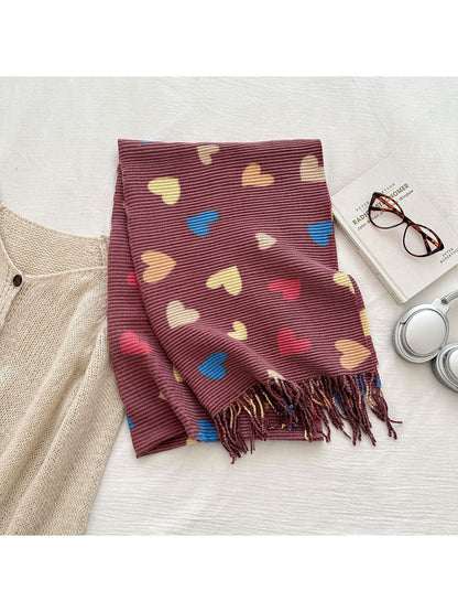 Scarvii - Ribbed Heart Pattern Fringed Winter Scarf