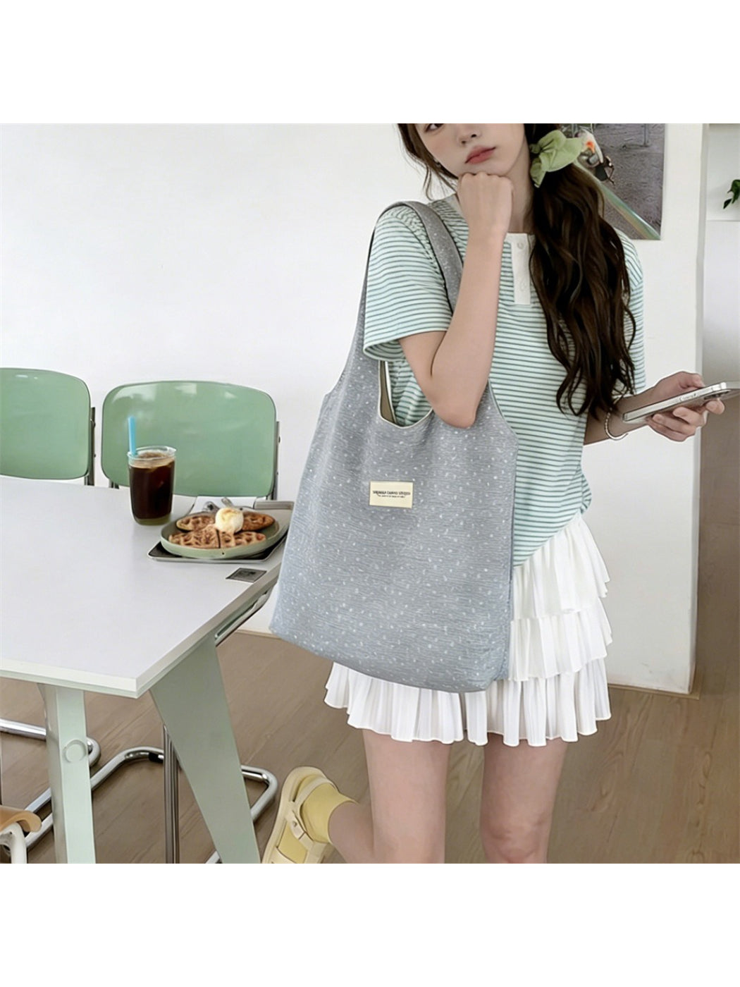 Cosbai Tiny Floral Slouch Tote Bag displayed on a white background