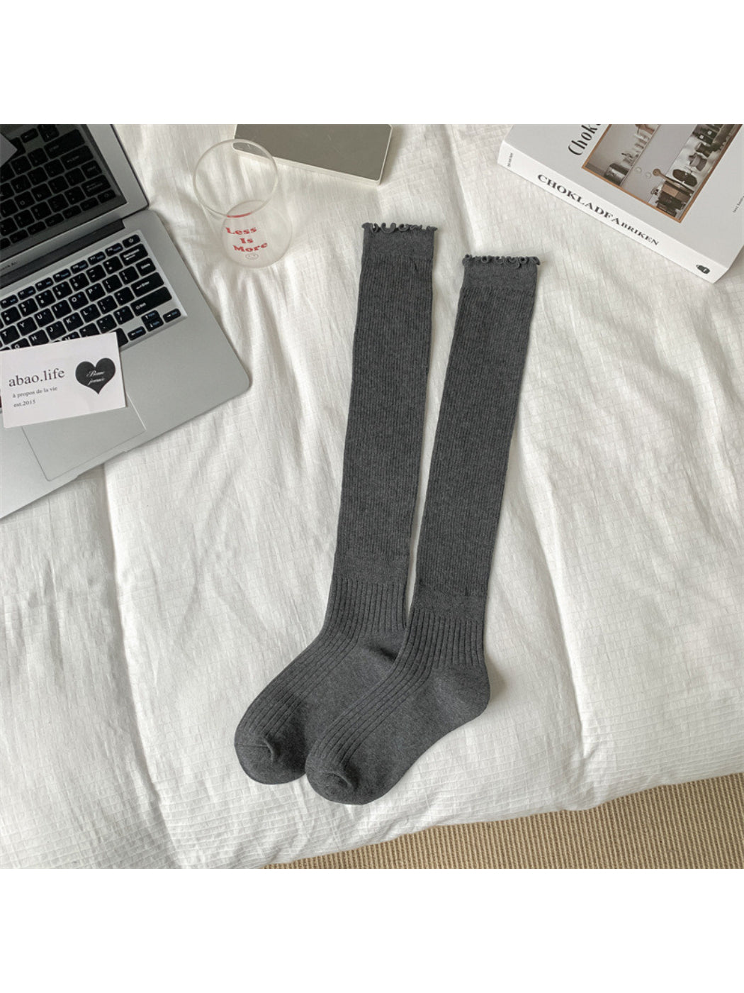 Rufia - Ribbed Knee High Socks with Scalloped Trim