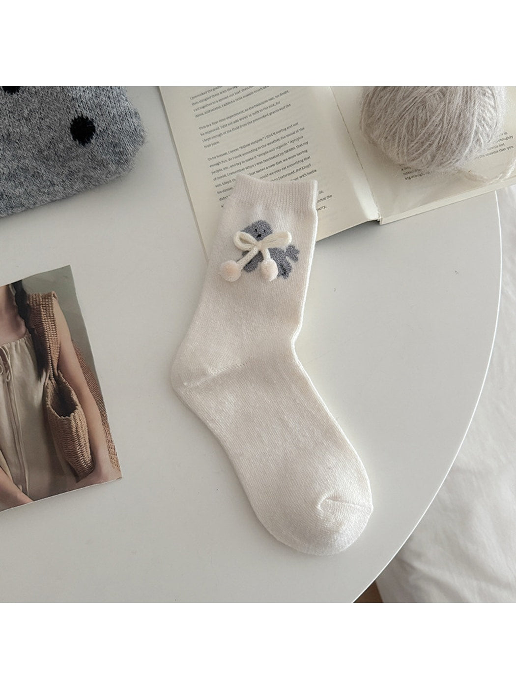 Rufia - Playful Puppy Pattern Plush Bow Crew Socks