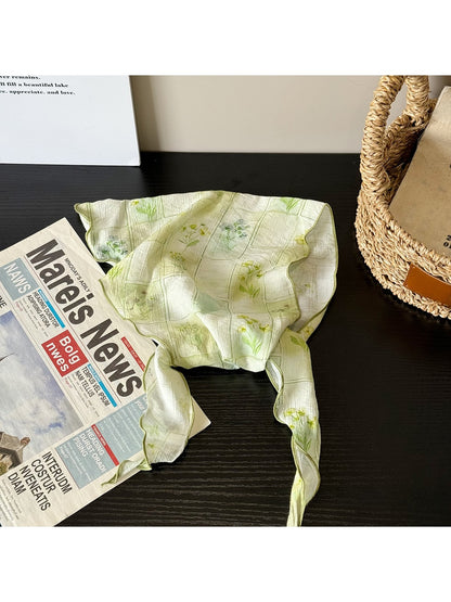 Scarvii - Blocks and Floral Print Wavy Edge Triangle Scarf