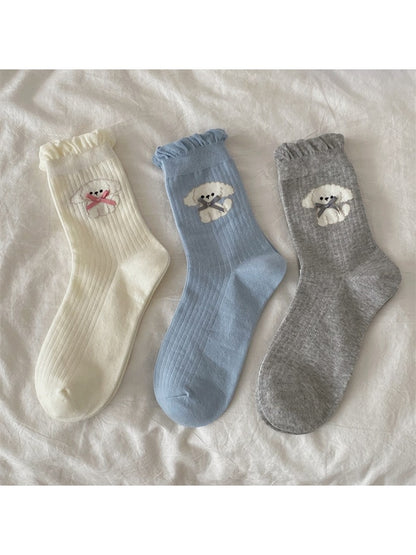 Rufia - Cute Dog Pattern Ruffle Trim Crew Socks