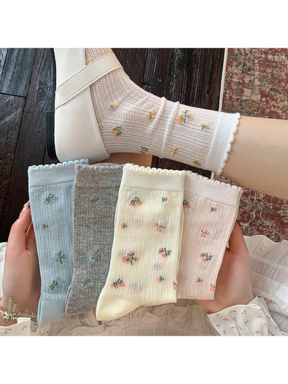 Rufia - Sweet Floral Ruffle Trim Crew Socks