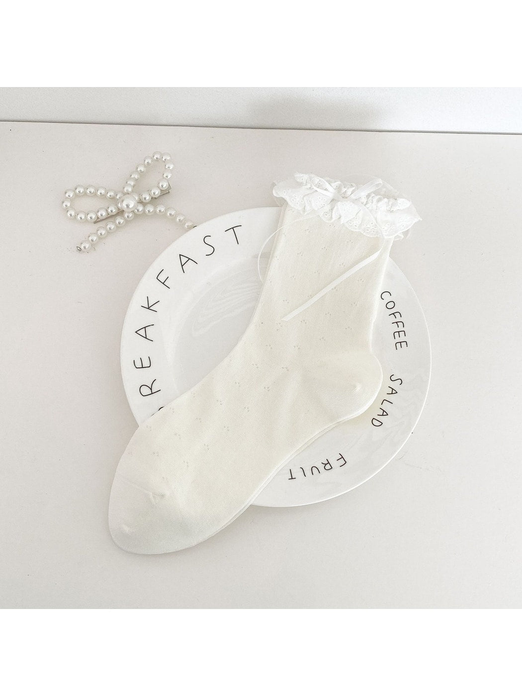 Rufia - Ruffle Lace Trim Bow Detail Crew Socks