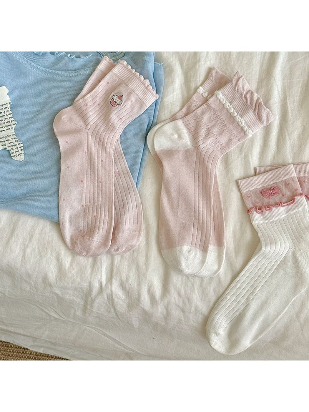 Rufia - Pink Tones Cute Ribbed Crew Socks