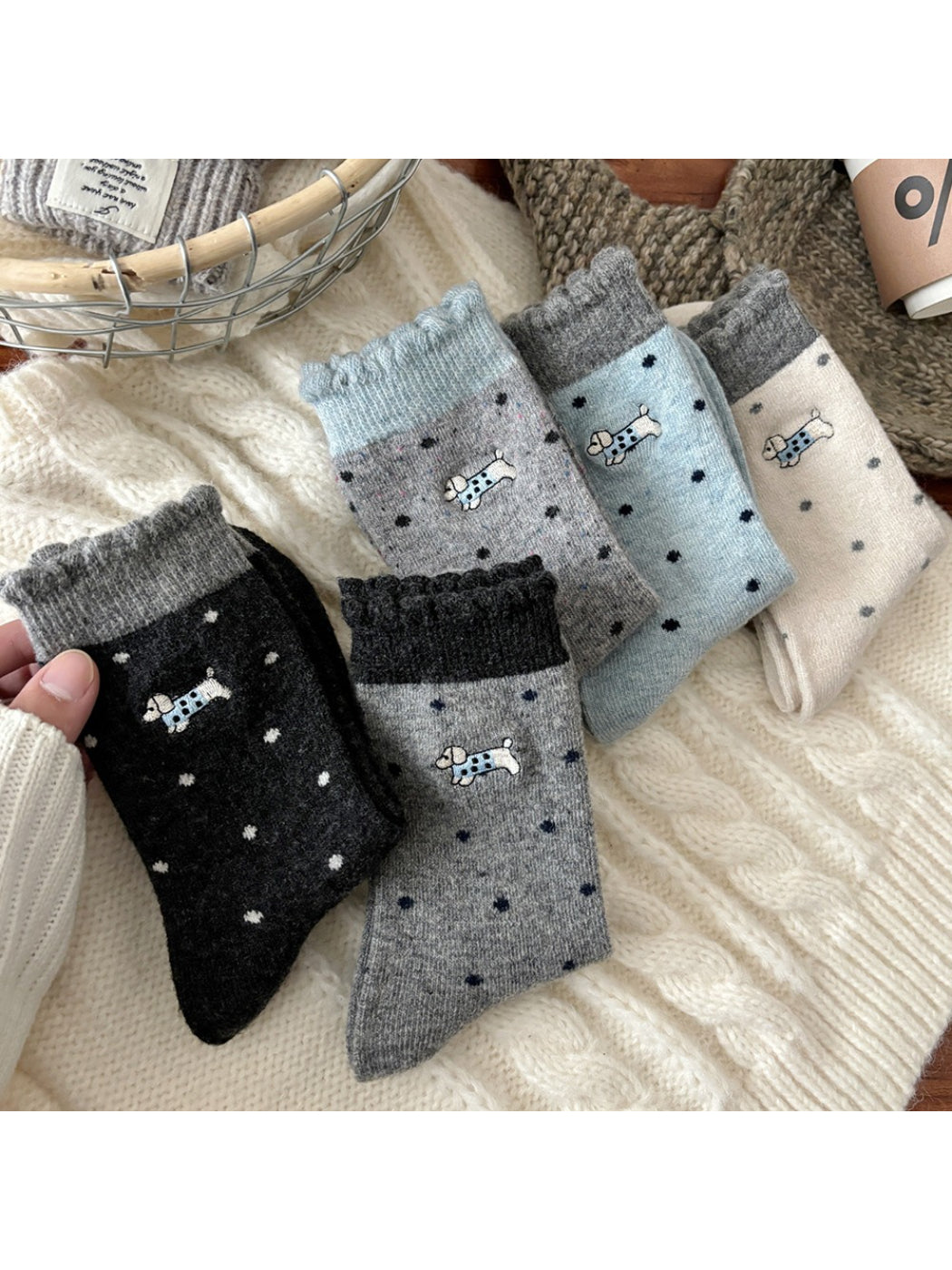 Rufia - Cute Puppy Embroidered Dot Crew Socks
