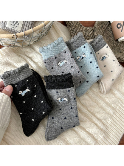 Rufia - Cute Puppy Embroidered Dot Crew Socks