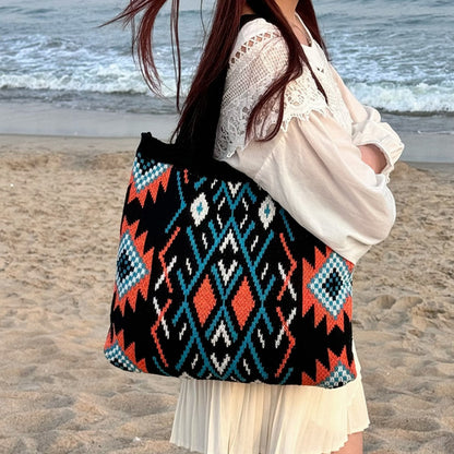 Cosbai - Boho Chic Geometric Shoulder Bag - Beige / Black
