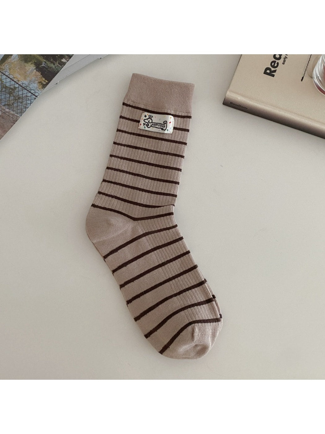Rufia - Striped Cartoon Puppy Label Casual Crew Socks