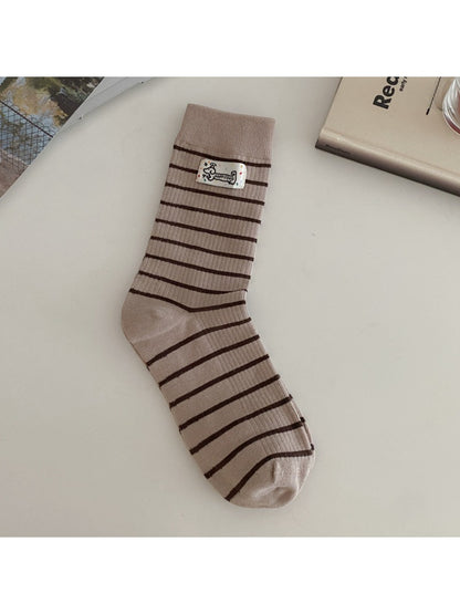 Rufia - Striped Cartoon Puppy Label Casual Crew Socks