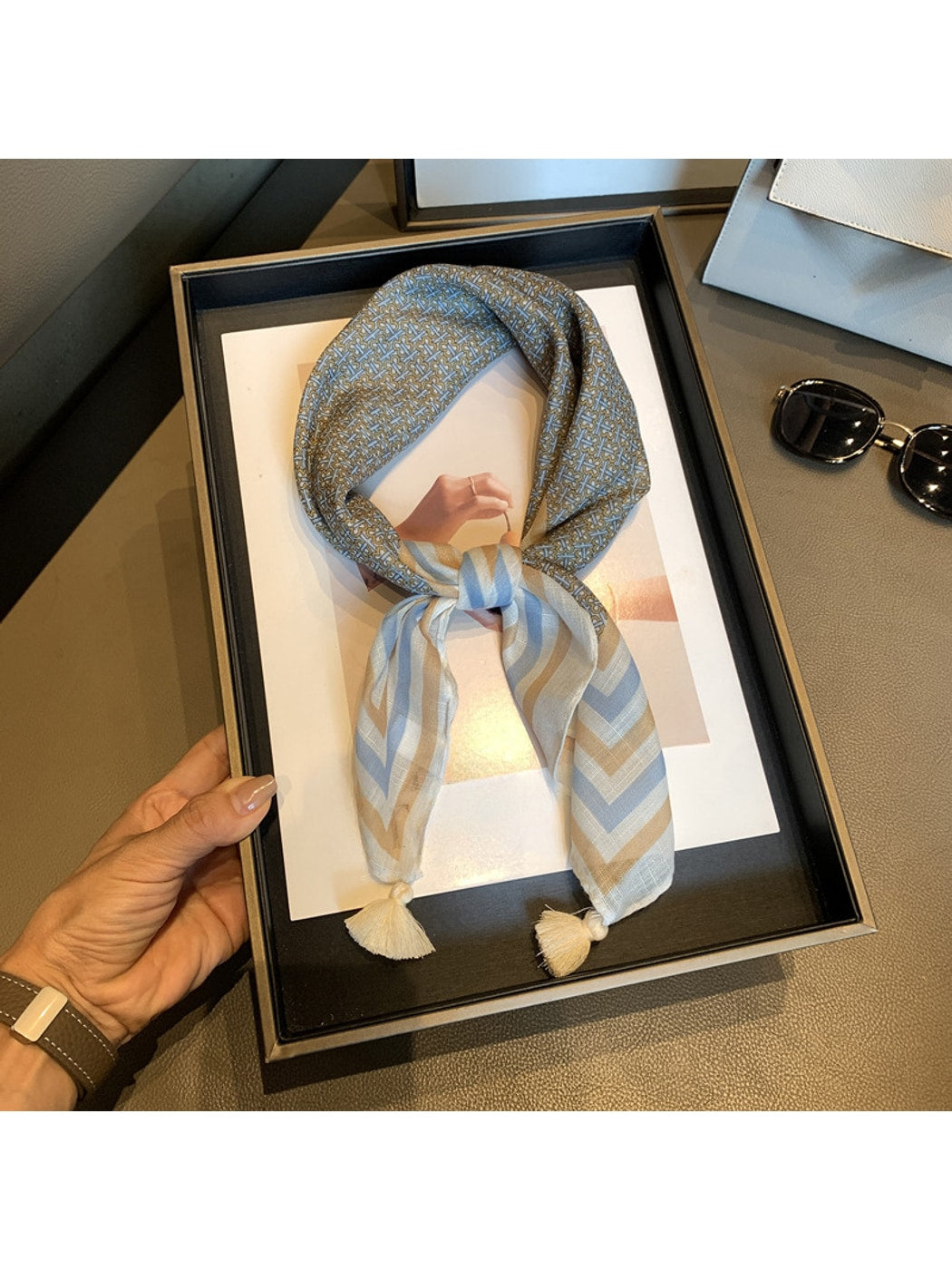 Scarvii - Multi-Tone Stripe Border Tassel Square Scarf