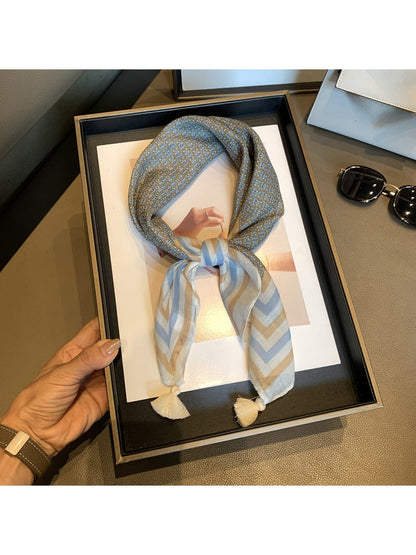 Scarvii - Multi-Tone Stripe Border Tassel Square Scarf