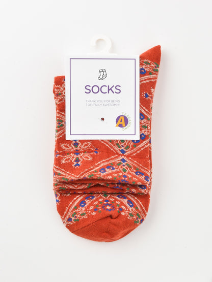 Rufia - Retro Mid-calf Socks with Diamond Floral Patterns