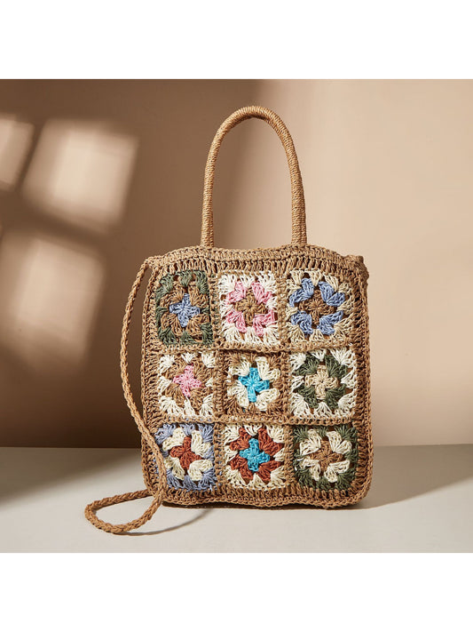 Cosbai Boho woven flower tote bag with colorful floral pattern on natural fiber background