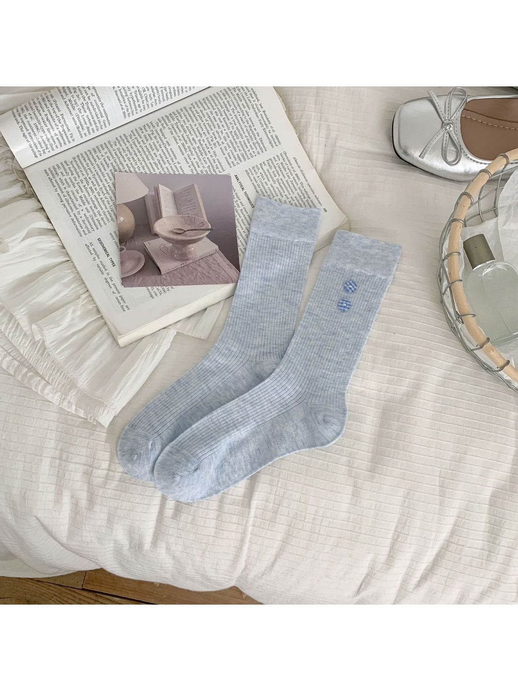 Rufia - Button Detail Ribbed Solid Color Crew Socks