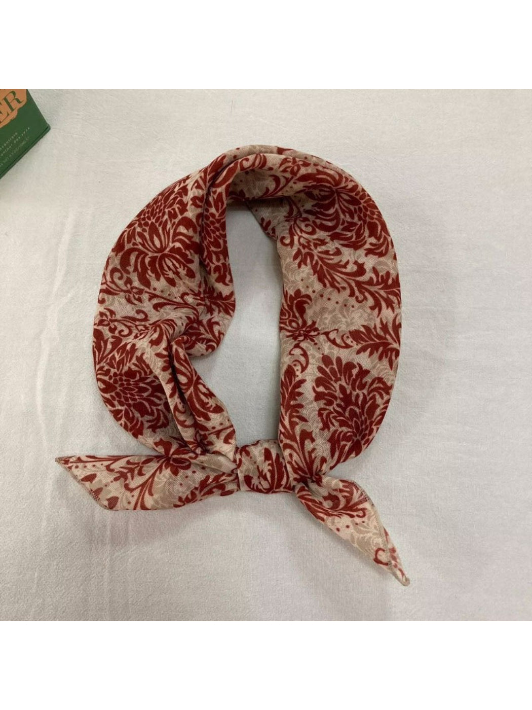 Scarvii Baroque Floral Square Scarf draped over shoulders showing elegant baroque floral pattern