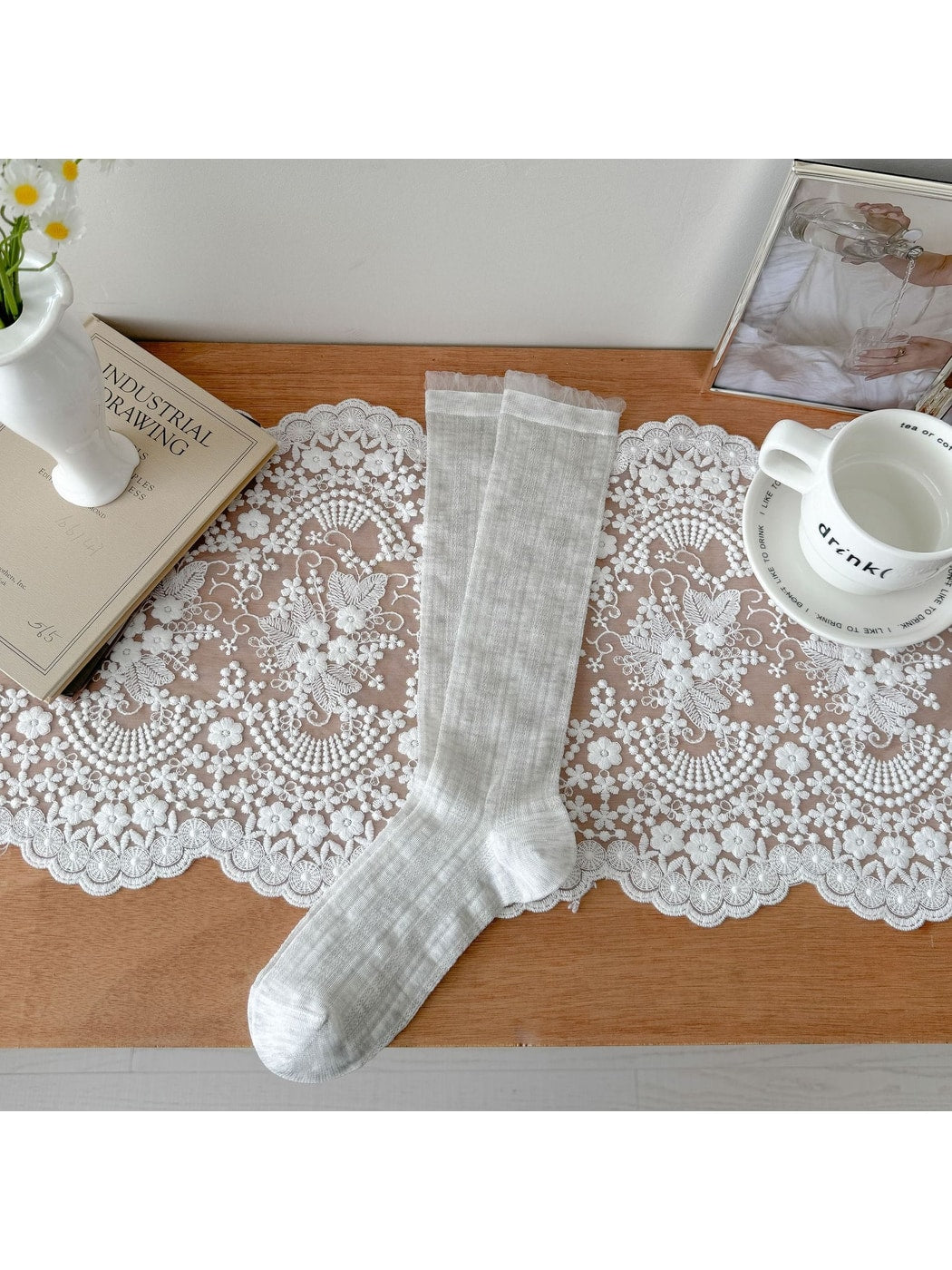 Rufia - Sheer Ribbed Crew Socks with Ruffled Cuff