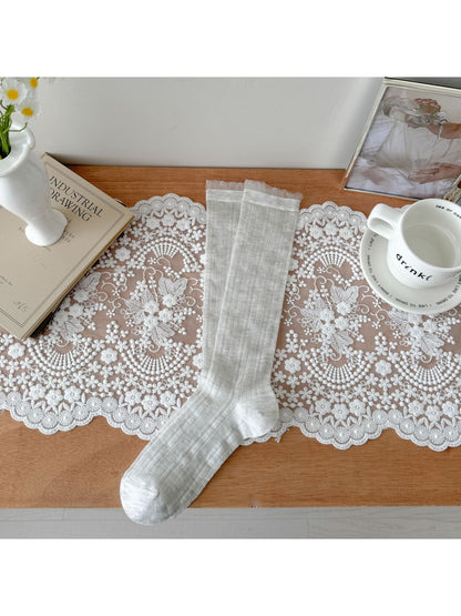 Rufia - Sheer Ribbed Crew Socks with Ruffled Cuff