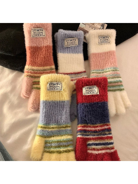 Gloving - Plush Stripe Finger-Opening Winter Gloves