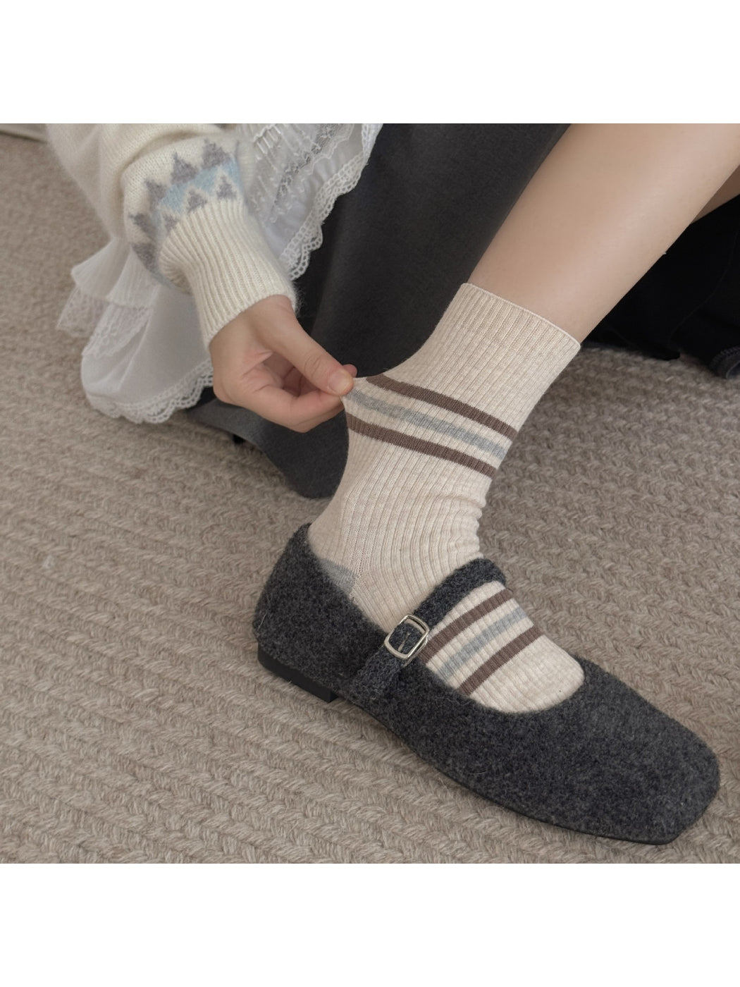 Rufia colour block ribbed socks worn on feet with visible ribbed pattern and pastel colors