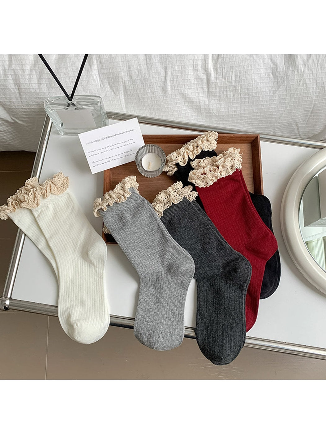 Rufia - Solid Color Ribbed Lace Trim Crew Socks